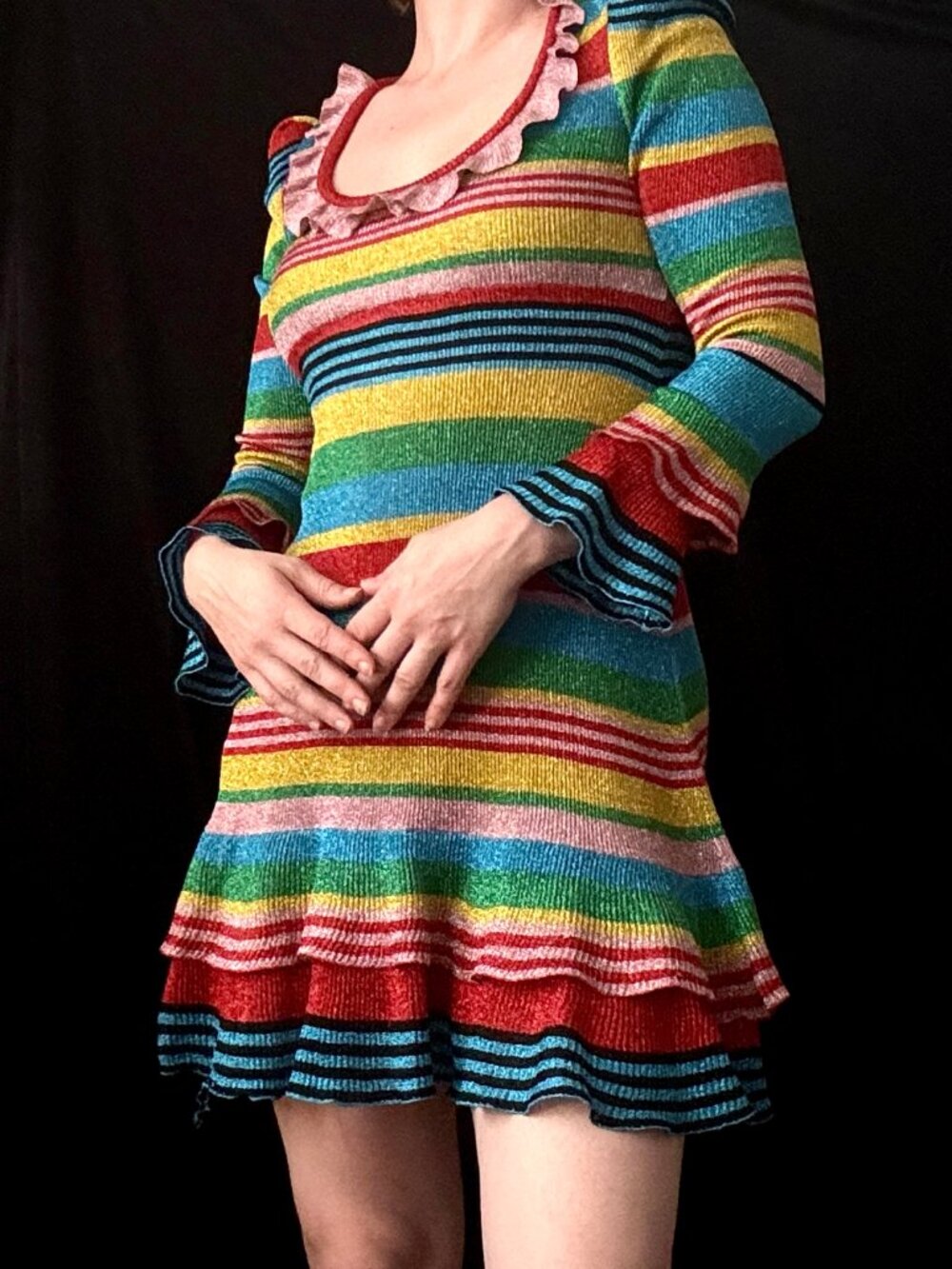 MOSCHINO 2019 Metallic Rainbow Striped Ruffled Knit Mini Dress